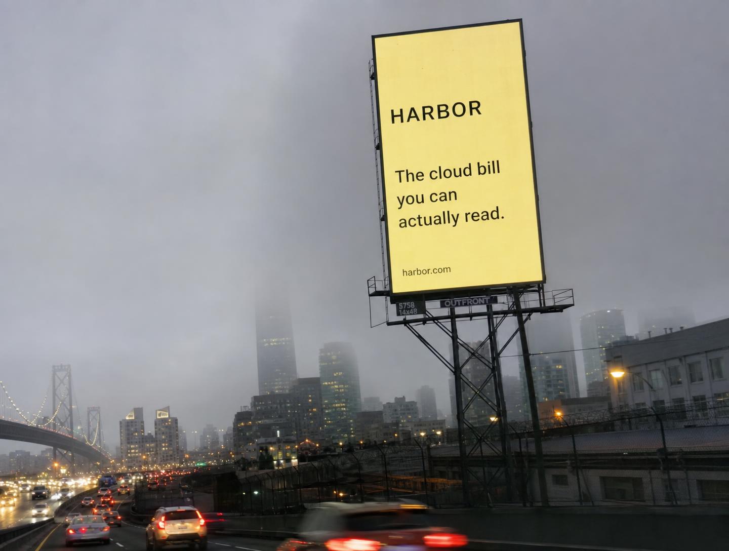 Startup billboard on the foggy Bay Bridge approach