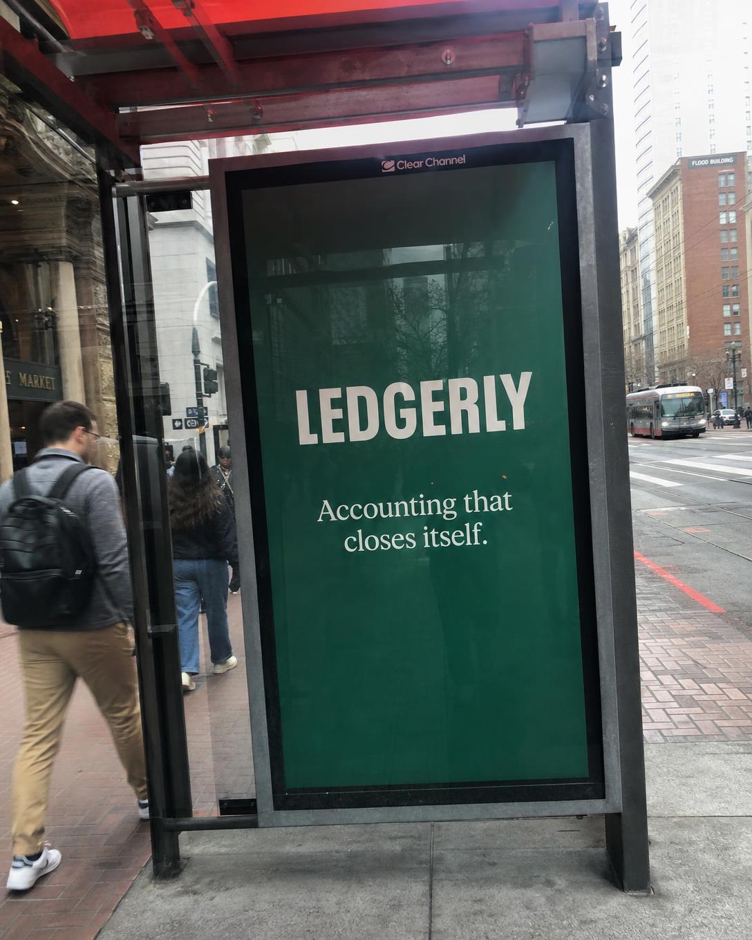 Startup ad on a Market Street bus shelter panel